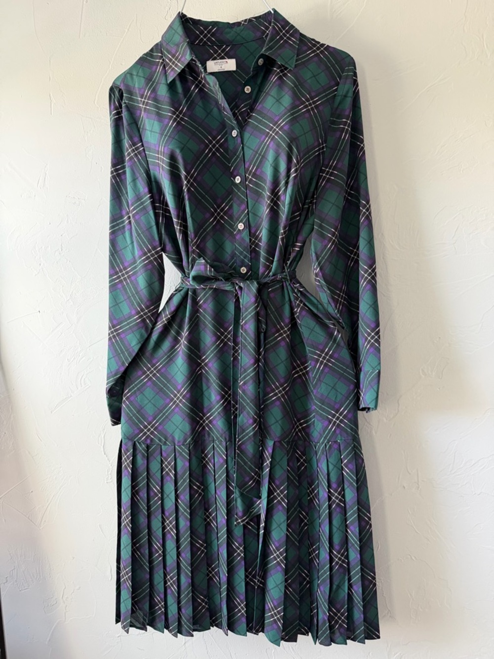 UNTUCKit Green and Purple Plaid Long Sleeve Shirt Dress